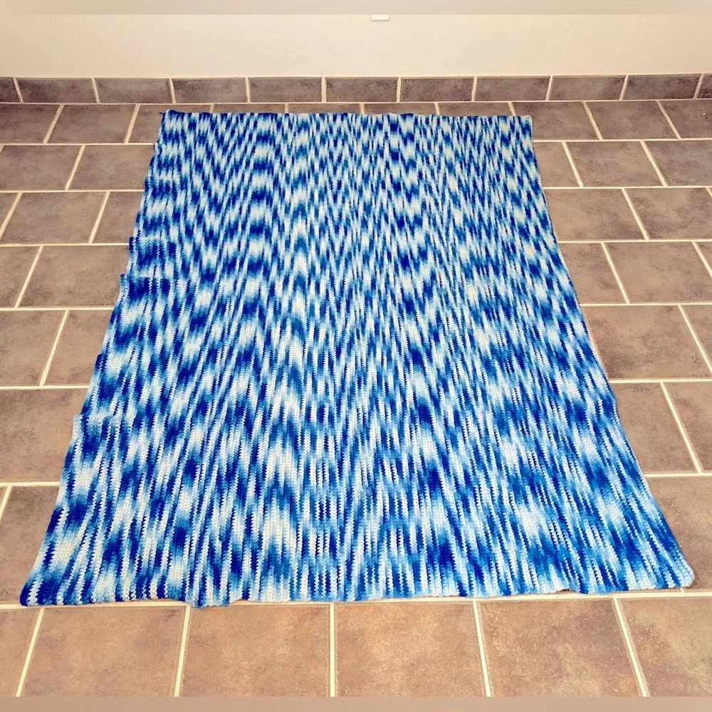 Unique Retro Tie Dye Look Hand Knit/Crochet Blue Monochromatic Throw/Blanket